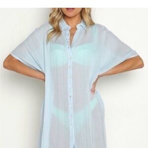 Sheer Light Blue Button-Front Beach Cover-Up